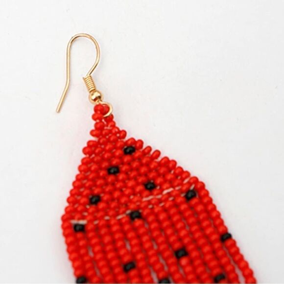 Watermelon Boho Seed Bead Tassel Dangling Statement French Wire Hook Earrings - Picture 4 of 8